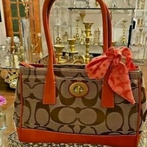 Coach Hampton Signature Madeline Satchel Bag Scarf Turn Lock Khaki Orange  11557